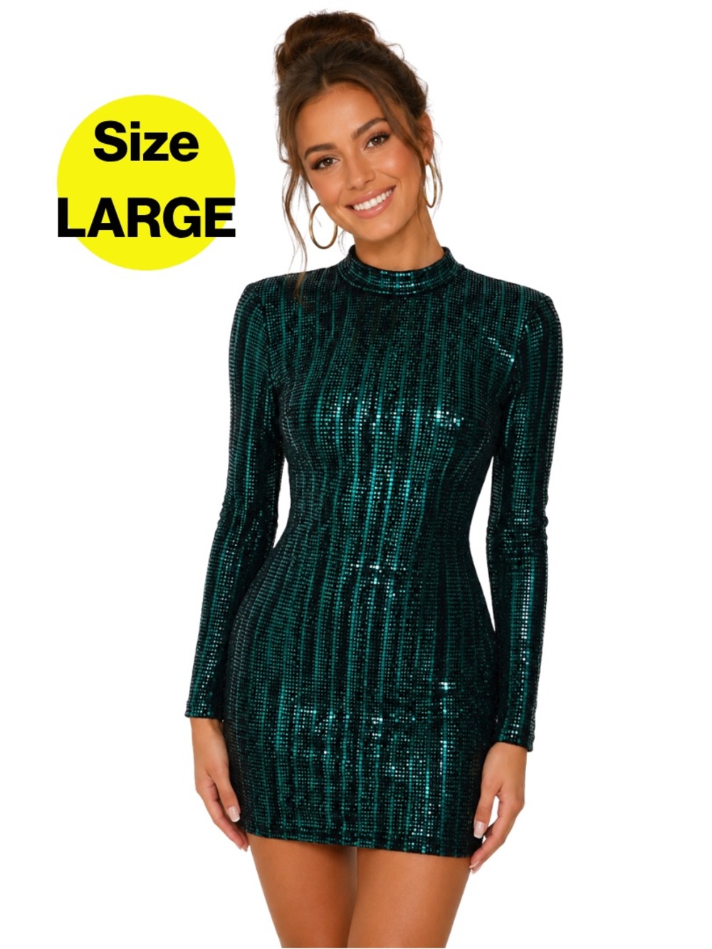 3/for $15 🍒 XTRAORDINARY Teal Metallic Long-Sleeve Bodycon Mini Dress (Large)
